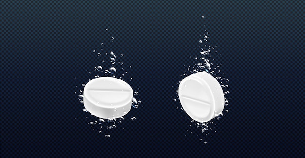 Bezpłatny wektor tabletki musujące wpadające do wody realistyczna ilustracja wektorowa gazowanych okrągłych tabletek widok pod wodą z bąbelkami lek przeciwbólowy rozpuszczający się w płynnym, rozpuszczalnym leku leczenie chorób