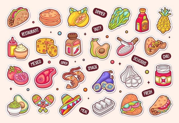 Bezpłatny wektor taco naklejki ikony ręcznie rysowane kolorowanie wektor