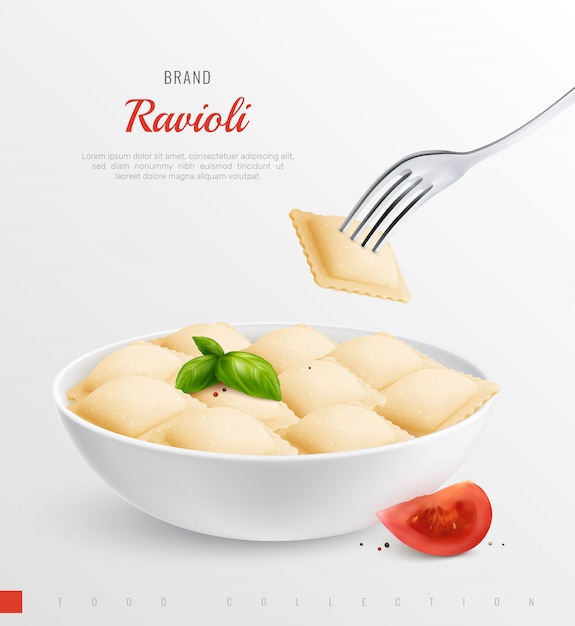 Talerz ravioli jako tradycyjne danie narodowe włoskiego menu realistyczna kompozycja
