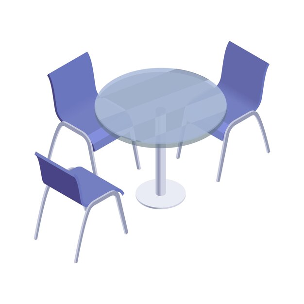 Targi promocyjne to izometryczna kompozycja z izolowanym obrazem krzeseł i stołu na pustym tle ilustracji wektorowych