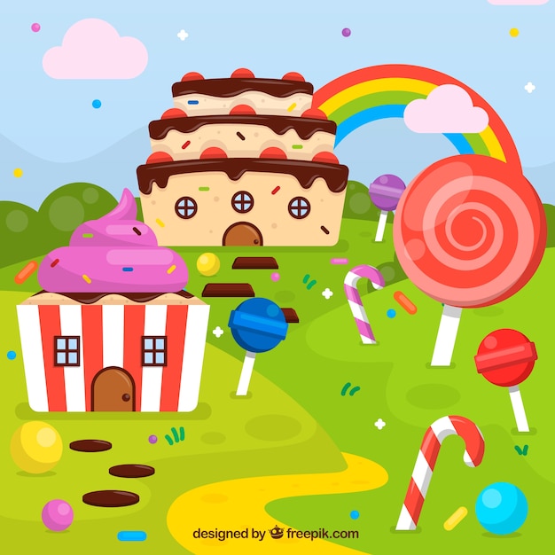 Tasty candy land background in flat style