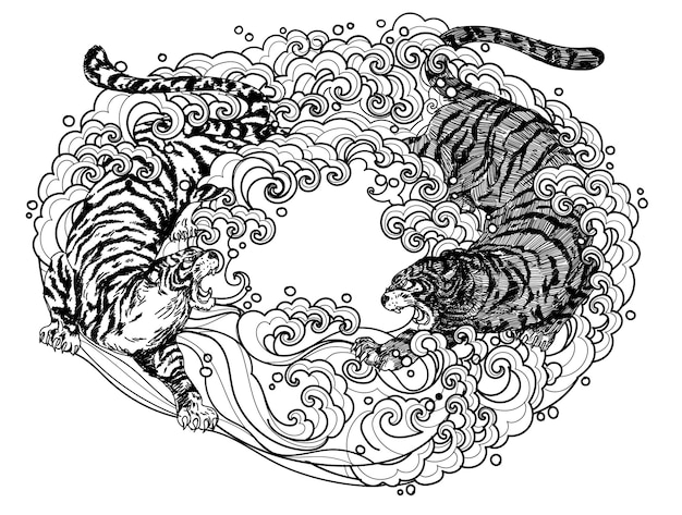 Tatuaż sztuki walki tygrysa ręcznie rysunek i szkic czarno-biały