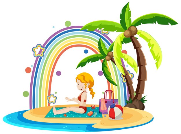 Tęcza na wyspie z dziewczyną na plaży