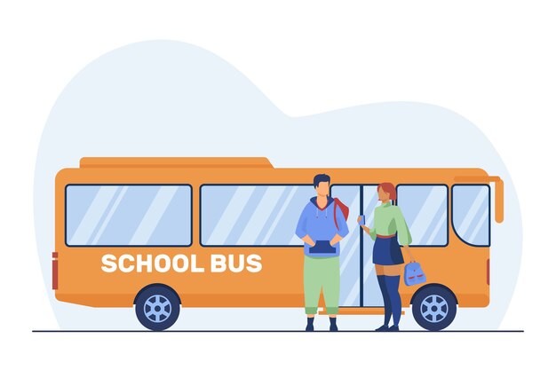 Teen para stojąc w szkolnym autobusie. Uczniowie, chłopiec i dziewczynka rozmawiają płaskie wektor ilustracja. Dojazdy, randki, młodość