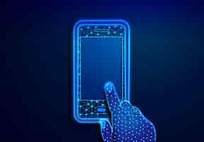 Bezpłatny wektor telefon komórkowy z pustym białym pustym ekranem w trzymaniu dłoni i palców człowieka ilustracja ciemnoniebieskie tło komunikacja aplikacja smartphone koncepcja streszczenie lowpoly szkielet wektor technologii