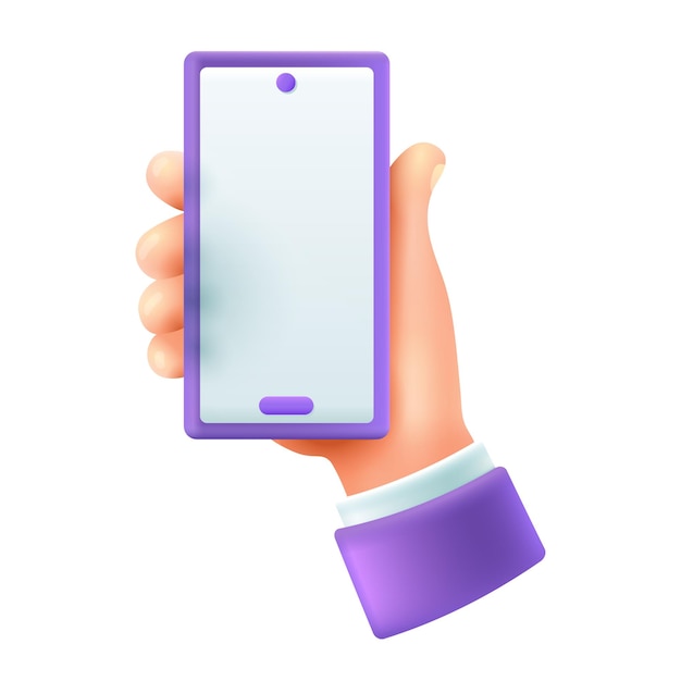 Telefon w ludzkiej dłoni 3d ikona stylu cartoon. Osoba lub biznesmen za pomocą mediów społecznościowych na ilustracji wektorowych płaski smartfon lub telefon komórkowy. Technologia, komunikacja, koncepcja internetu