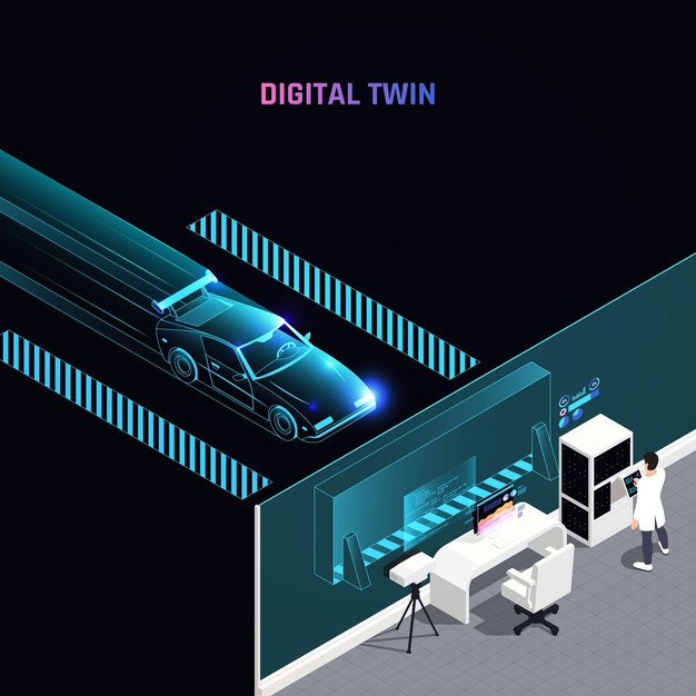 Test symulacji samochodu wyścigowego w technologii cyfrowej bliźniaczej maksymalizuje osiągi, analizując strategię aerodynamiki, dane konfiguracyjne, ilustracja izometryczna