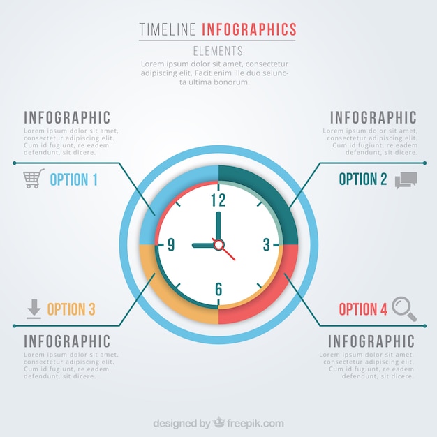 Bezpłatny wektor timeline infografika z zegarem