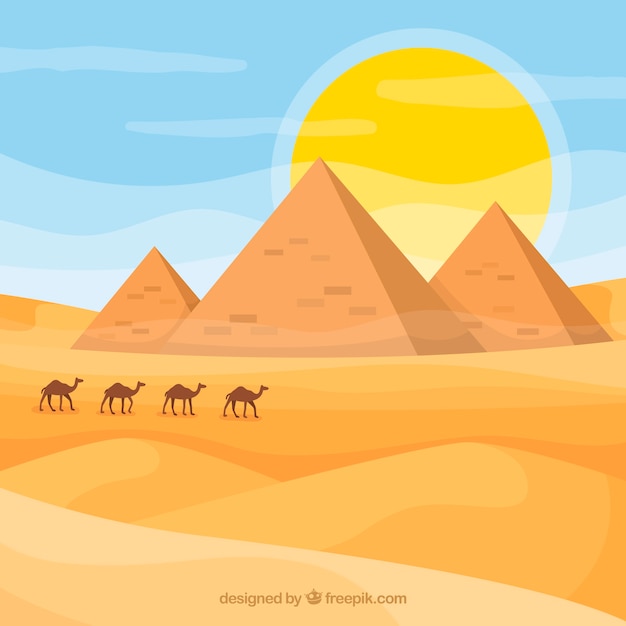Bezpłatny wektor tło egiptu ostrosłupa krajobraz z karawaną wielbłądy