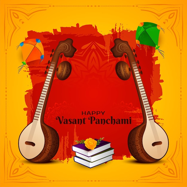 Tło Festiwalu Happy Vasant Panchami Z Instrumentem Muzycznym Veena