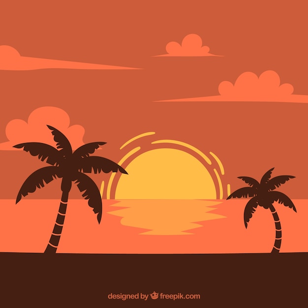 Bezpłatny wektor tło krajobrazu o zachodzie słońca z palmami