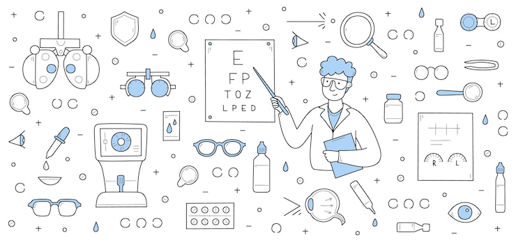 Bezpłatny plik Wektor tło okulistyki z lekarzem okulistą sprawdzić wzrok z wykresem badania wzroku wektor ręcznie rysowane ilustracja mężczyzna okulista okulary krople i maszyny do badania lekarskiego wzroku