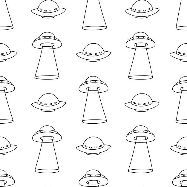 Tło Ufo Latające Spodki Wzór W Stylu Doodle Konturowe Ilustracje Dla Dzieci Z Obcymi Statkami Kosmicznymi Wydrukuj Próbkę Na Tapetę Z Tkaniny Premium Wektorów