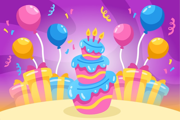 Bezpłatny wektor tło urodziny z ciasta i balony