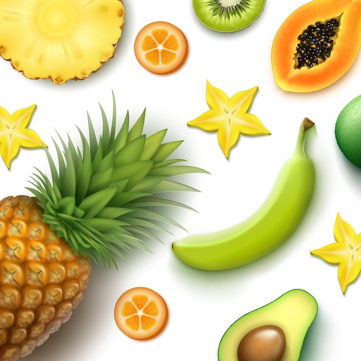 Bezpłatny plik Wektor tło wektor owoców tropikalnych z ananasem, kiwi, papaja, banan, karambol, kumkwat