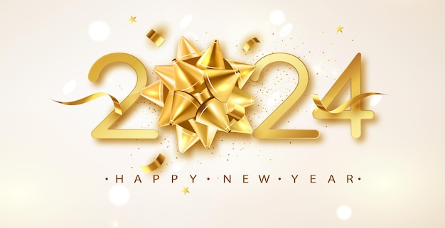 Bezpłatny wektor tło wektor szczęśliwego nowego roku 2024 ze złotym prezentem kokardą konfetti białe cyfry zimowe wakacje kartkę z życzeniami szablon projektu boże narodzenie i nowy rok plakaty