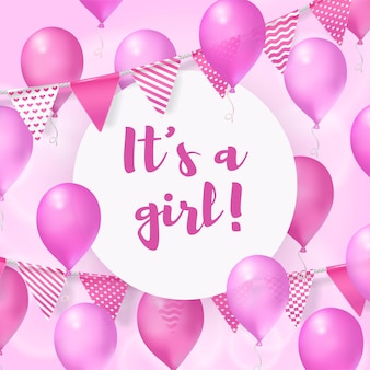 To dziewczyna baby shower kartkę z życzeniami wektor różowe balony na imprezę flagi urodzinowe