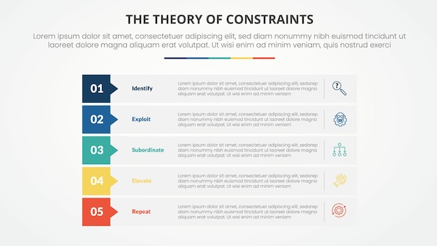 TOC theory of constraints infographic concept for slide presentation with rectangle stack callout badge header with 4 point list with flat style