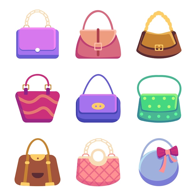 Bezpłatny wektor torebki damskie kolekcja modnych przedmiotów na białym tle zestaw ikon wektorowych torby z zamkami błyskawicznymi i kieszeniami, uchwytami i regulowanymi ramiączkami z koronką ilustracja wektorowa