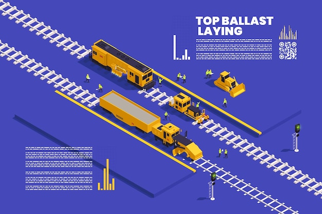 Tory kolejowe układanie pojazdów budowlanych sprzęt kolejowy maszyny izometryczne infografiki z edytowalnym tekstem i wykresami słupkowymi ilustracji wektorowych