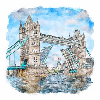 Tower bridge londyn akwarela szkic ręcznie rysowane ilustracji