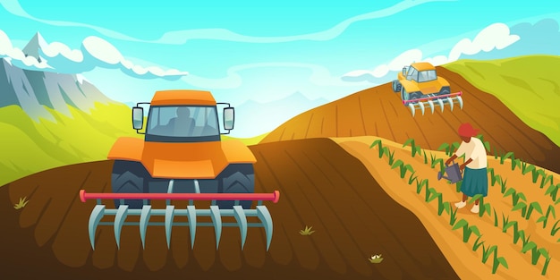 Bezpłatny wektor traktor orze pole rolnicze na wiejskim krajobrazie górskim z opieką pracowników i tradycją podlewania roślin...