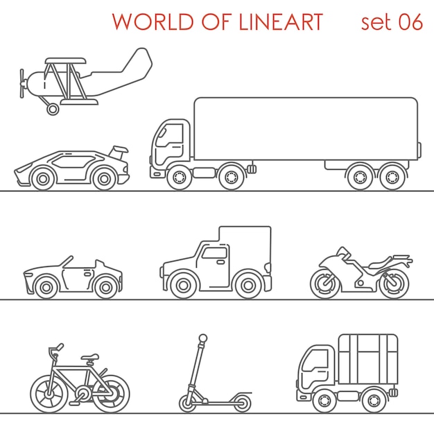 Transport lotniczy drogowy moto rowerowy skuter motor samolot al line art style set.