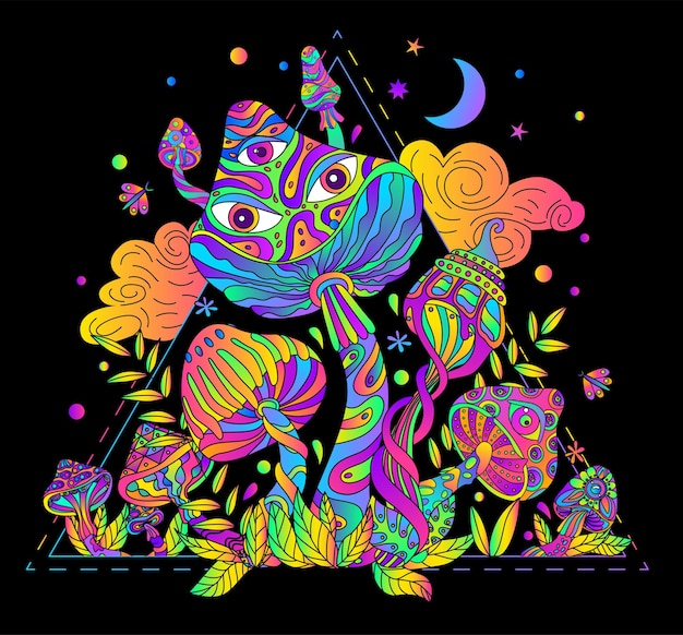 Trippy kompozycja grzybowa z ciemnym tłem i neonowymi kolorowymi liśćmi z trójkątną linią i półprzezroczystą ilustracją wektorową grzybów