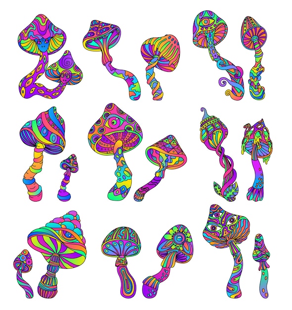 Bezpłatny wektor trippy zestaw rysunków grzybowych z izolowanymi ikonami krzywych grzybów pokolorowanych ozdobnymi gradientami psychodelicznych wzorów ilustracji wektorowych