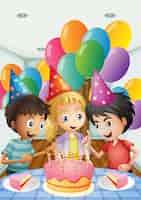 Bezpłatny wektor troje dzieci świętuje urodziny