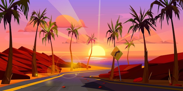 Bezpłatny wektor tropic zachód autostrady do plaży morskiej wektor ilustracja kreskówka niebezpiecznej drogi z ostrym zakrętem znak ostrzegawczy skaliste kamienie i palmy wzdłuż pustej linii brzegowej sposób wieczorne niebo z pomarańczowymi chmurami