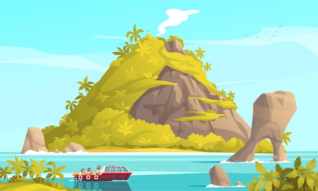 Bezpłatny wektor tropikalna wyspa kreskówka plakat z łodzią turystyczną na ilustracji wektorowych morza