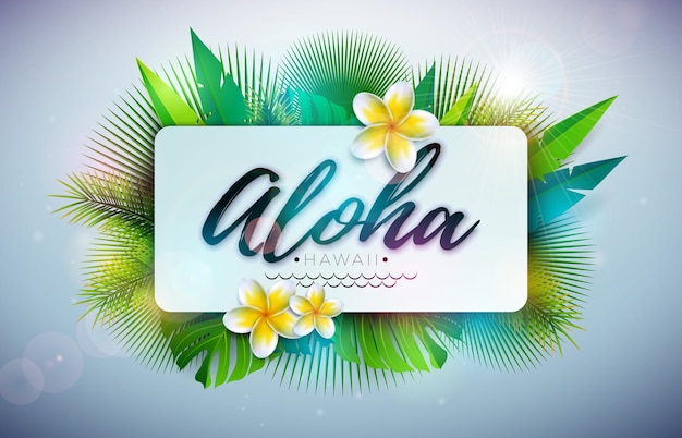 Tropikalny projekt lato z napisem Aloha Hawaii i kwiat na tle egzotycznych liści palmowych