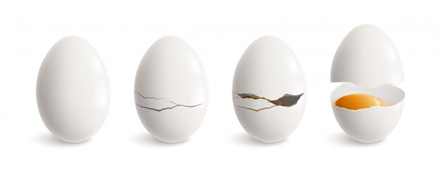 Trzask jajeczna realistyczna ikona ustawia białego jajko i cztery kroka trzeszcząca wektorowa ilustracja
