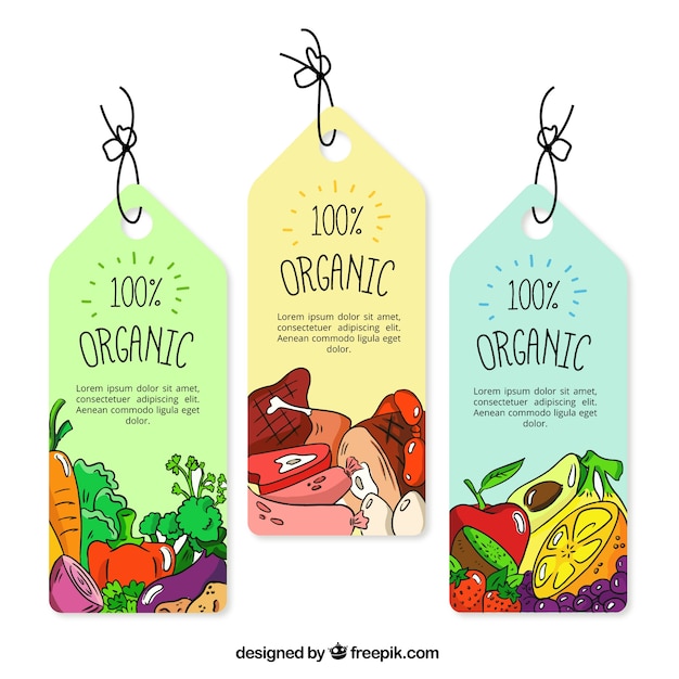 Trzy Kolorowe Etykiety Z żywnością Ekologiczną