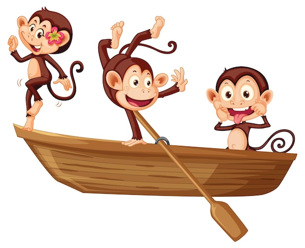 Trzy małe małpki na drewnianej łodzi