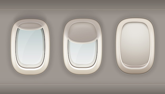 Trzy Realistyczne Iluminatory Samolotu Z Białego Tworzywa Sztucznego Z Otwartym I Zamkniętym Oknie Wektor