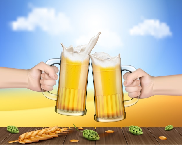 Bezpłatny wektor trzymając się za ręce szklane kubki z piwem podniesione w toast