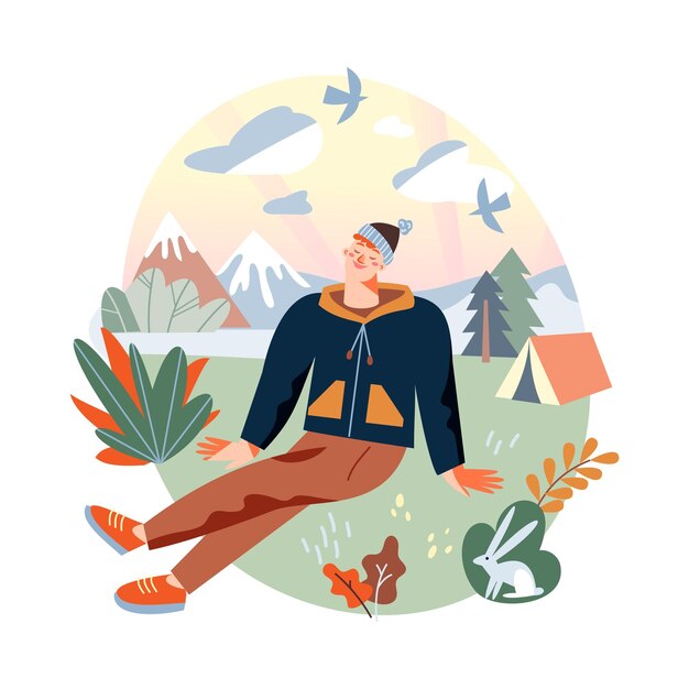 Turysta cieszący się przyrodą szczęśliwy męski charakter siedzący na zielonej łące w pobliżu namiotu kempingowego i zająca dzikie zwierzę spokojne góry na horyzoncie latające ptaki na niebie z chmurami