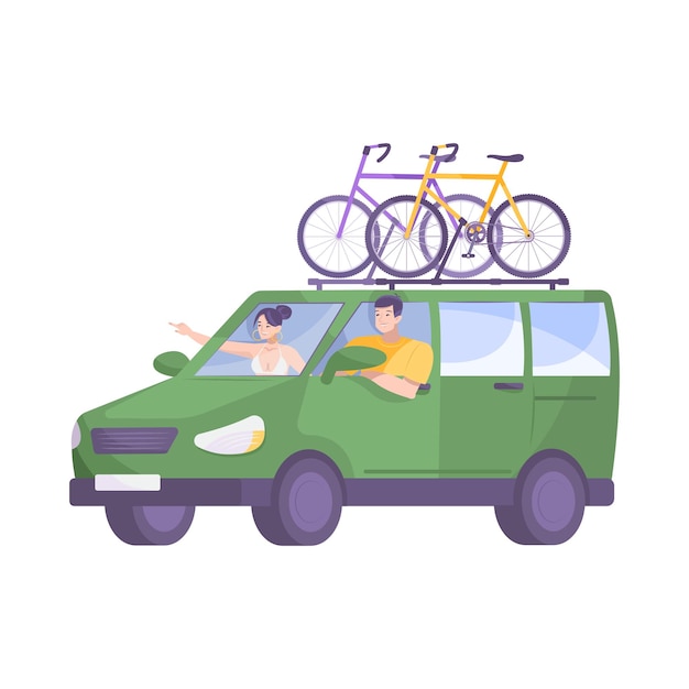 Bezpłatny wektor turystyka rowerowa płaska kompozycja z mężczyzną i kobietą w furgonetce z rowerami na ilustracji wektorowych na dachu