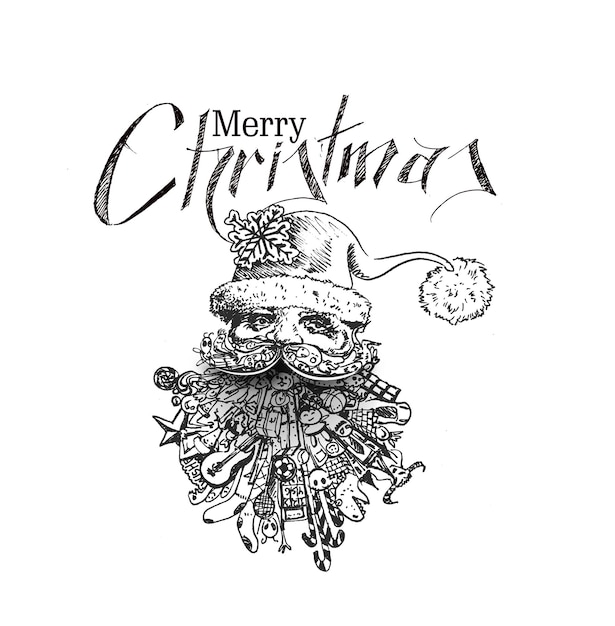 Twarz bożego narodzenia Świętego Mikołaja, styl kreskówki Santa Claus Design. Wesołych Świąt tekst - ilustracja wektorowa