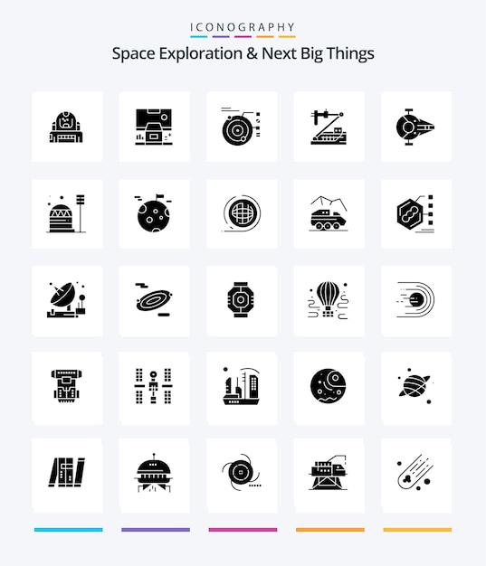 Bezpłatny wektor twórcza eksploracja przestrzeni i następne wielkie rzeczy 25 glyph solid black pakiet ikon, takich jak panel biologii genetycznej orbita słoneczna