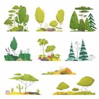 Bezpłatny wektor typy ekosystemów ikony kreskówka zestaw z różnych drzew i systemów flory na białym tle ilustracji wektorowych