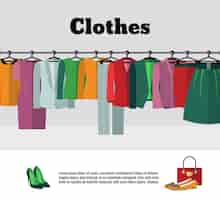 Bezpłatny wektor ubrania na wieszakach ilustracji. sklep lub sklep z odzieżą modową