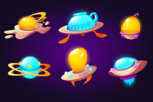 Bezpłatny wektor ufo, obce statki kosmiczne jajecznica, kubek, talerz