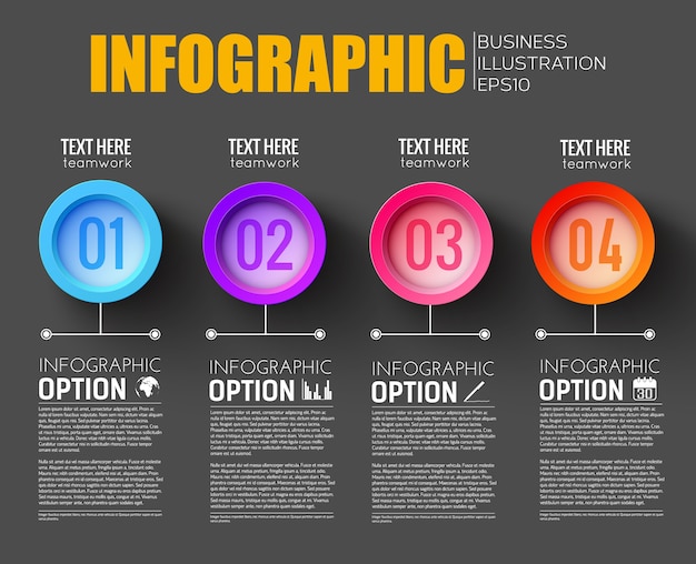 Bezpłatny wektor układ infografiki pracy zespołowej z opisem czterech opcji przepływu pracy ponumerowanych kolorowymi przyciskami