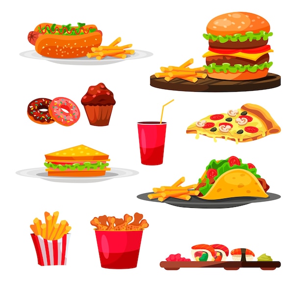 Ulubiony masowo produkowany zestaw fastfoodów z fast foodów Hot-dog burger pizza sushi tacos kanapka z kurczaka nuggetsy frytki cola darowizna babeczka