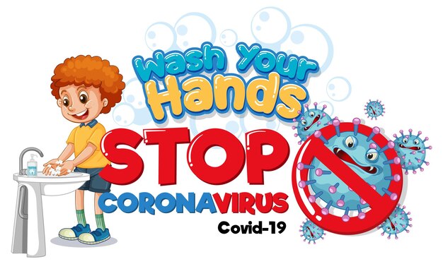 Umyj ręce Banner Stop Coronavirus z chłopcem myjącym ręce na białym tle
