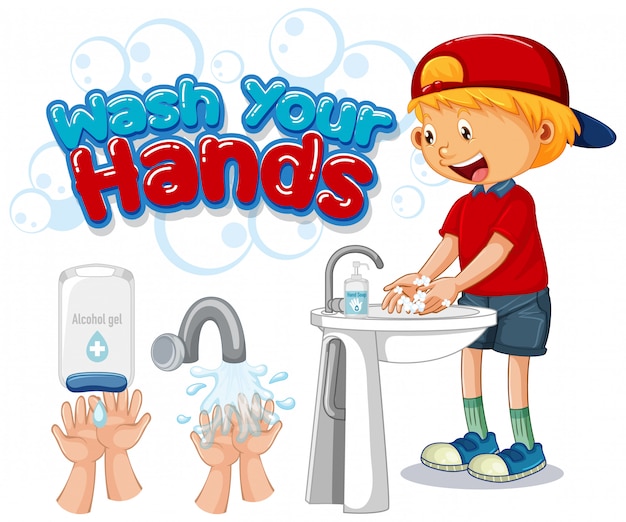 Bezpłatny wektor umyj ręce plakat z szczęśliwym chłopcem
