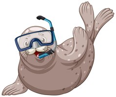 Urocza foka nosząca okulary do nurkowania na białym tle